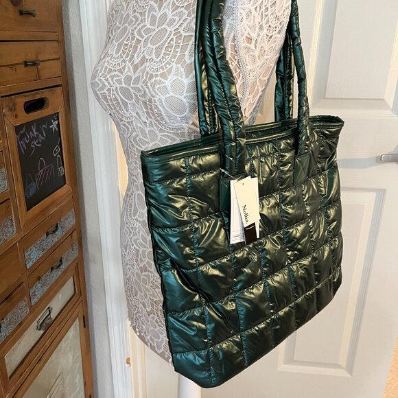 Quilted Puffer Tote - Shiny Forest Green - Double Handle- XL- Lightweight -NWT - Picture 6 of 8